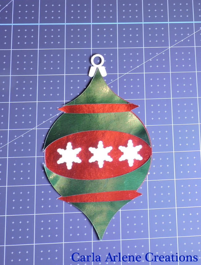 ornament 3 green foil cardstock pieces added to ornament