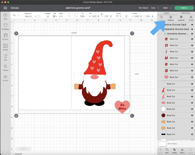 Valentine gnome card in design space