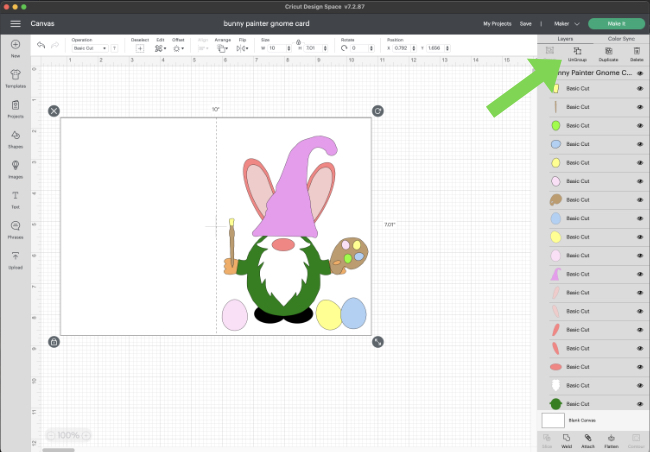 bunny painter gnome card in design space ungroup