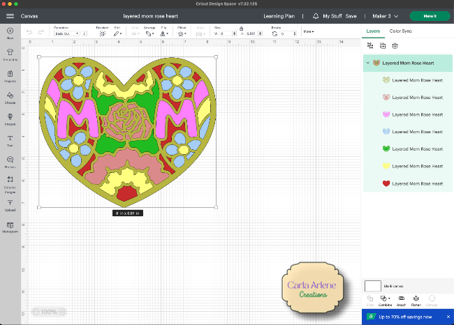 layered mom rose heart in design space