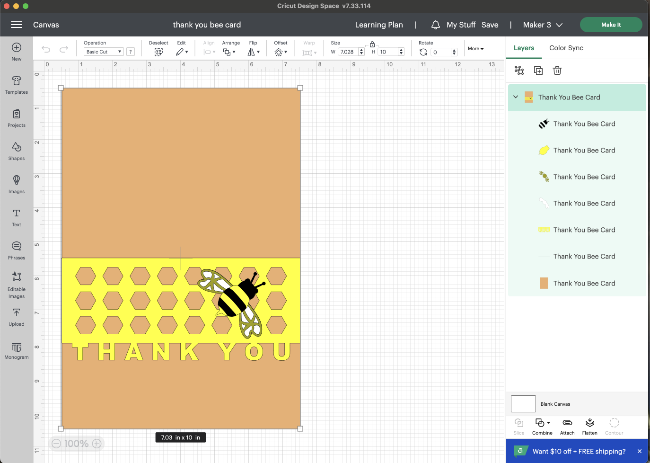 thank you bee card in design space